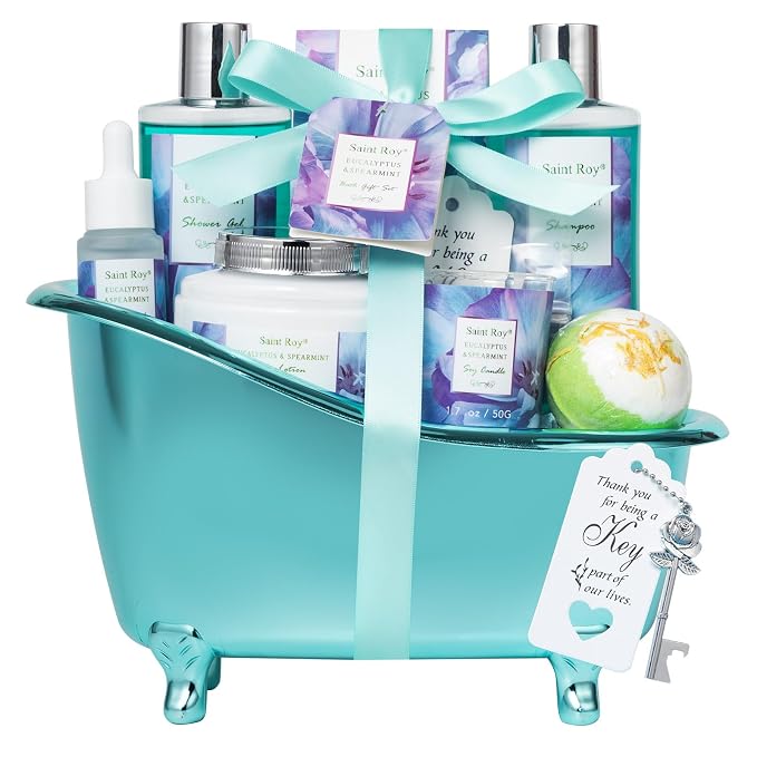 Bath and Body Basket Set, EUCALYPTUS & Mint Spa Gift Basket for Women | Unique Bath Gift Baskets Gifts, Home Spa Kit Christmas Gifts for Women, birthday gift baskets for Dad Mother's Day