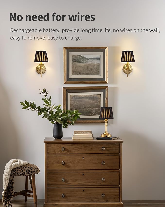KDG Cordless Gold Wall Sconces Set of 2, Black Fabric Lampshde Wall Lamps | Small LED Wireless Portable Rechargeable Battery Lighting for Wall Painting, Living Room, Bedroom, Hallway, Gifts, Nightlight