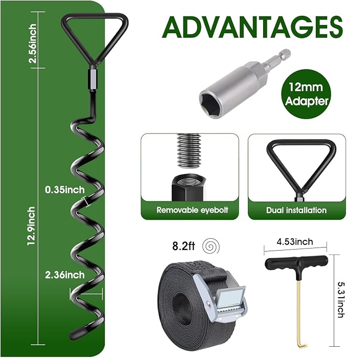 Trampoline Stakes Ground Anchors Screw in, Trampoline Anchors with Strong Straps, Spiral Earth Swing Set Anchor Heavy Duty for Trampolines(Black-6Pack)