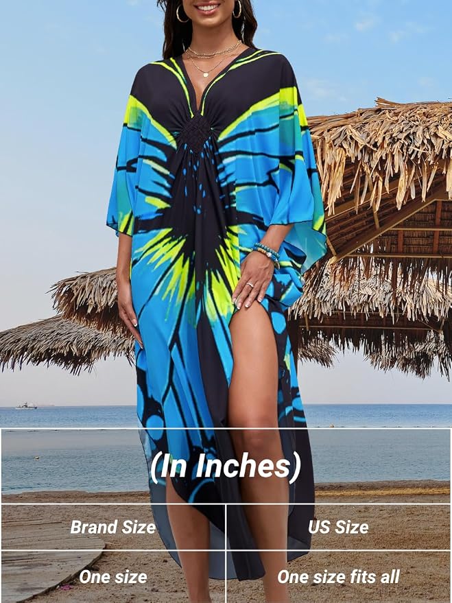 ChiaoLezhee Print Moo-Moos for Women, Kaftan Cover-Up Dresses, Sexy V-Neck High-Slit, Beach Pool-Party Coverups Muumuu Plus