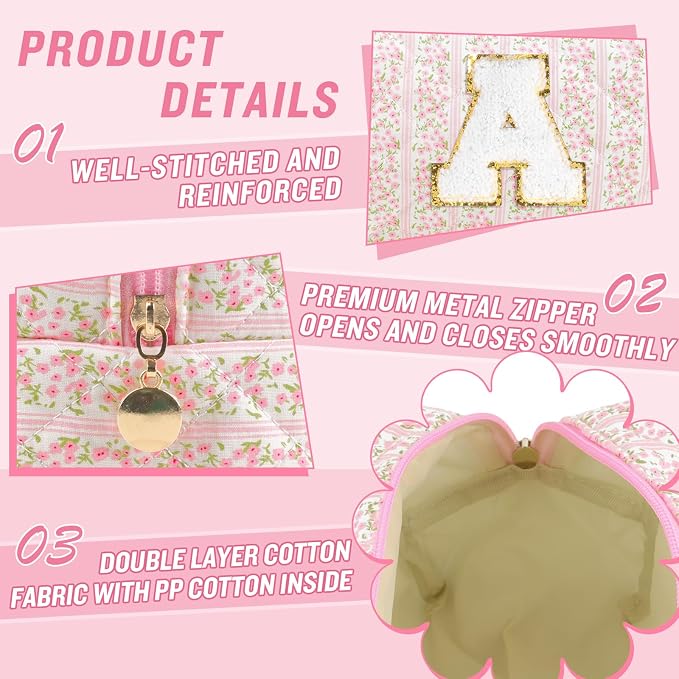 Personalized Quilted Cosmetic Bag, Puffy Monogrammed Christmas Birthday Gifts for Women & Girls, Cute initial Floral Makeup Bag Puffer Coquette Bag, Aesthetic Travel Toiletry Zipper Pouch(Pink,A)