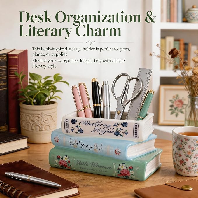 Book-Shaped Decorative Planter Pot - Unique Plant Vase & Bookshelf Desktop Office Decor for Book Lovers|Ceramic Planter with Drainage| Gift for Plant Lovers, Home Decor Enthusiasts