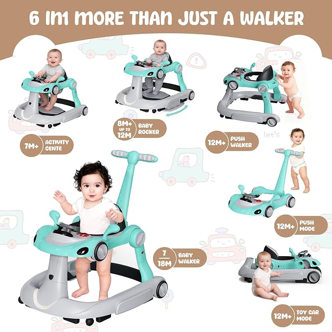 6 in 1 Foldable Baby Walker, Activity Baby Walker-Baby Bouncer, Rocker, Activity Center,Push Walker,Detachable Trampoline Mat, Adjustable Speed Rear Wheels and Height,Music & Lights,Ages 6-18 Months