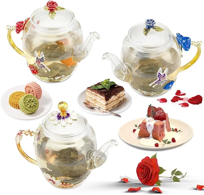 Glass Teapot -300 ml (10 oz) - Blue Rose Flower Butterfly Decoration Heat Resistant Glass Teapot Kettle Loose Leaf Teapot Tea Party Set (Blue)