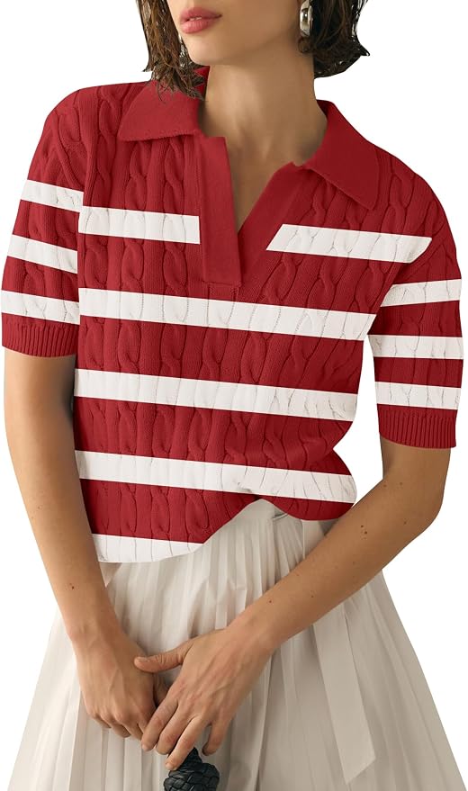 Micoson Womens Short Sleeve Sweater Tops Lapel V Neck Polo Shirts 2026 | Summer Cable Knit Loose Blouses, Business Casual Outfits