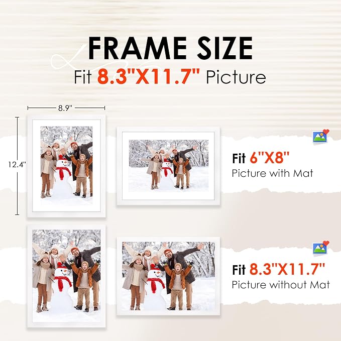 A4 Picture Frame Set of 2, White Photo Frame with HD Plexiglass, Display Pictures 6x8 with Mat or 8.3x11.7 Without Mat Multi Picture Frames Collage for Tabletop or Wall Display