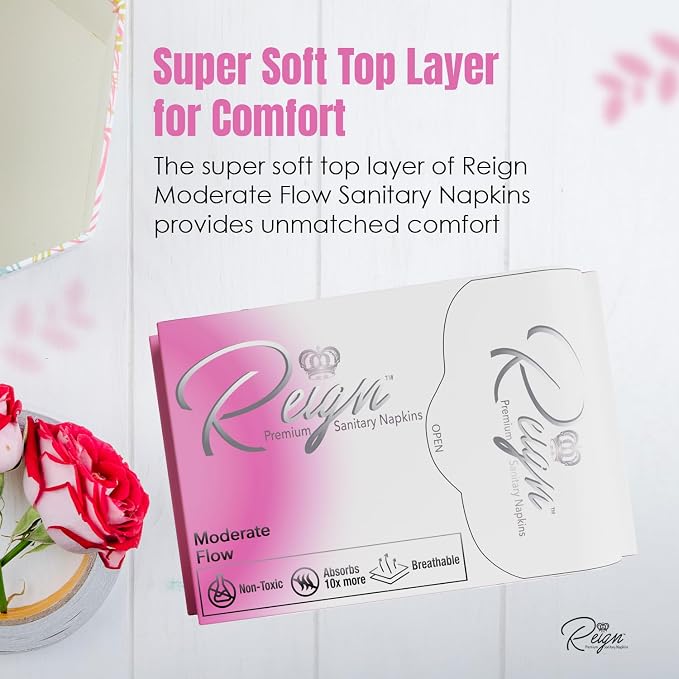 Reign Moderate Flow with Wings Sanitary Napkins for Women, Super Absorbent Pads (10 Count, 1pack)