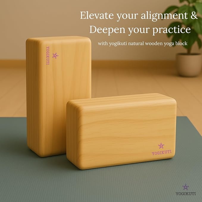 Yogikuti Solid Wooden Yoga Blocks Set of 2 | Premium Pine Wood Iyengar Yoga Blocks | Solid, Durable & Smooth Rounded Edges | Wooden Yoga Props for Stretching, Balance, Alignment & Home Studio Practice