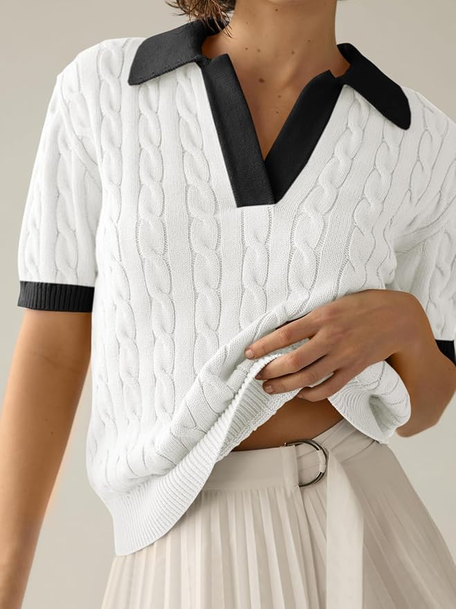 Imily Bela Womens Cable Short Sleeve Sweaters Tops Lapel V Neck Knit Shirt | Solid,Knit Casual,Soft Pullover,Fall Sweaters,Womens Summer Work Tops