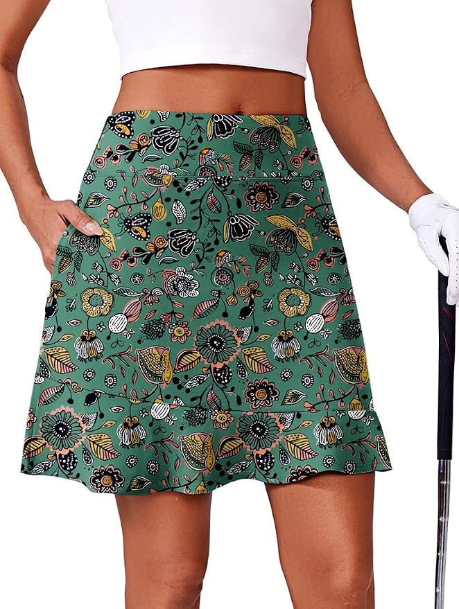 PINSPARK 18" Golf Skorts for Women with 6 Pockets Ruffle Athletic Skort | Above the Knee,High Waist,UPF 50+,4-way Stretch,Lightweight,Ruffle Hem,Tennis,Casual,Work,Pickleball