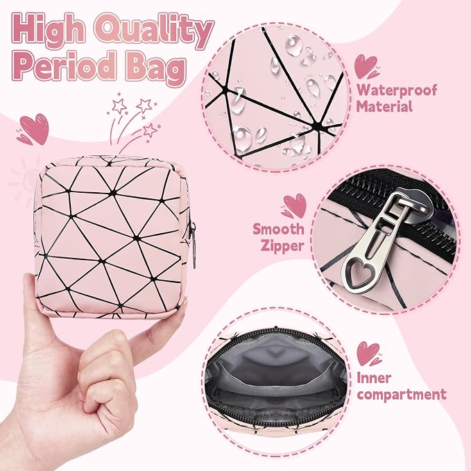 Discreet Period Bag Waterproof Geometric PU Sanitary Napkin Storage Bag Portable Menstrual Pad Pouch Cute Tampon Bag for Purse Small Makeup Bag S-Black