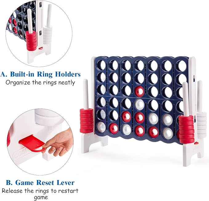 COSTWAY Jumbo 4-to-Score Giant Game Set, 4 in A Row for Kids and Adults, 3.5FT Tall Indoor & Outdoor Game Set with 42 Jumbo Rings & Quick-Release Slider, Perfect for Holiday Party & Family Game