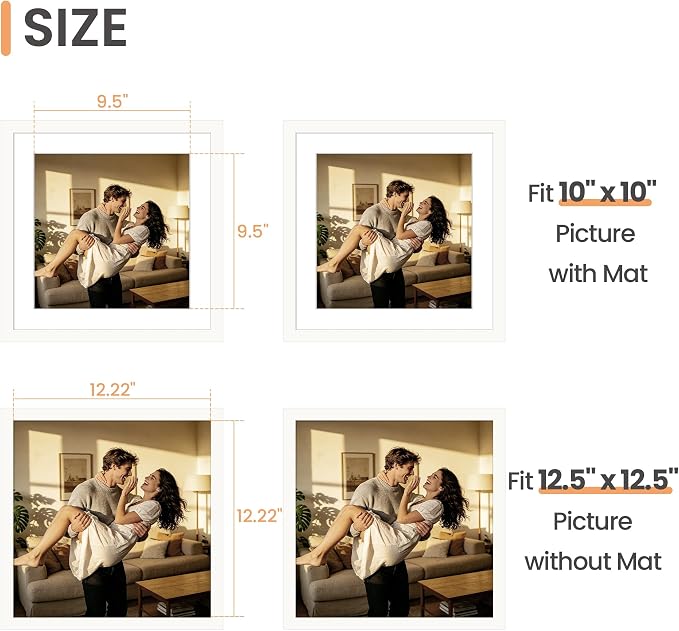 upsimples Vinyl Record Frame, Display Pictures 10x10 with Mat or 12.5 x 12.5 Without, Wall Hanging Album Cover Frames, White, 1 Pack