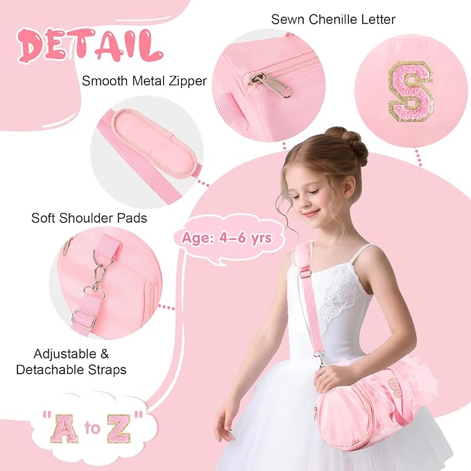 Personalized Initial Dance Bag for Girls 4-6, Small Lace Gym Sport Yoga Cheer Dance Bags Gift for Teen Girls, Cute Letter Kids Ballet Bag Toddler Travel Duffel Tote with Adjustable Straps(Pink-S)