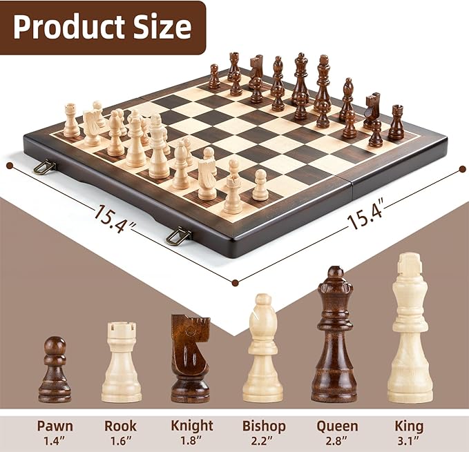 Magnetic Wooden Chess Set for Adults Kids,15" Folding Chess Board with Wood Texture 2 Extra Queens - Handmade Pieces Travel Board Games for Professional Beginner