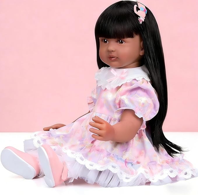 Pinky 24 inch Black Indian Reborn Baby Dolls Girl Soft Vinyl Realistic Look African American Newborn Doll Toddler Doll Toy for Kids 3+
