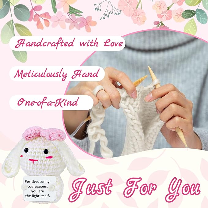 PARTY TONIGHT Mini Funny Positive Bunny Inspirational Gifts,Handmade Emotional Support Crochet Pink Bow Bunny for Women Men Coworker Positive Crochet Bunny Home Decor