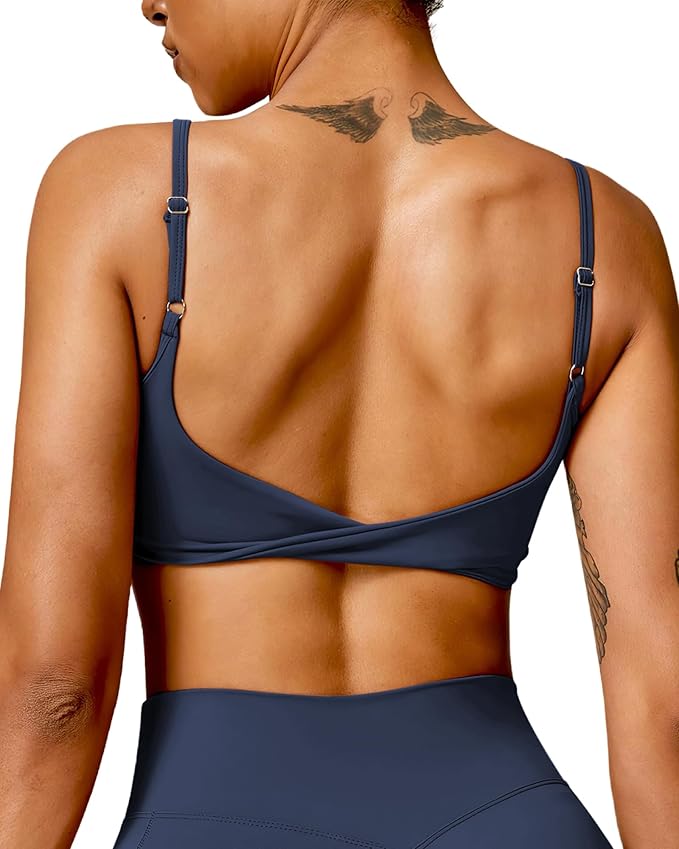 QUOJIZY Sports Bras for Women Open Back Workout Tops for Women Yoga Bra Spaghetti Straps Twist Back
