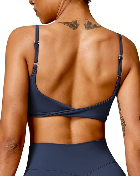 QUOJIZY Sports Bras for Women Open Back Workout Tops for Women Yoga Bra Spaghetti Straps Twist Back