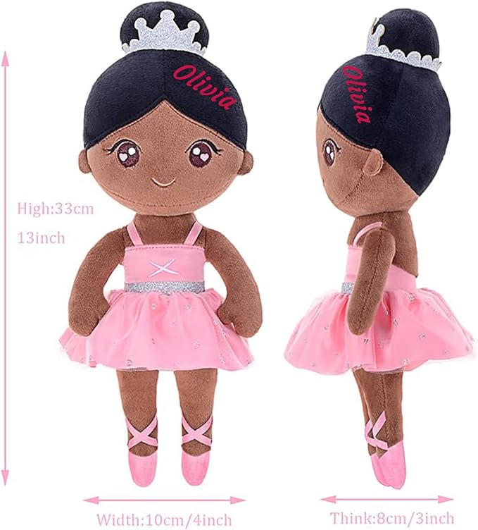 Gloveleya Personalized Ballerina Doll with Custom Name – 13 Inch Black Plush Baby Girl Gift, Soft Ballet Girl Stuffed Toy with Gift Box for Birthday, Christmas, Baby Shower, Valentine’s Day Present