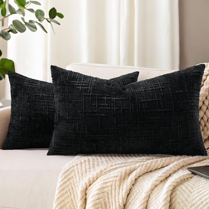 decorUhome Textured Chenille Throw Pillow Covers 12x20 Set of 2 Black | Fall Modern Farmhouse Soft Cozy Slubby Couch Pillow Cases Boho Decorative Pillow Cases for Bed Sofa Living Room Home Decor