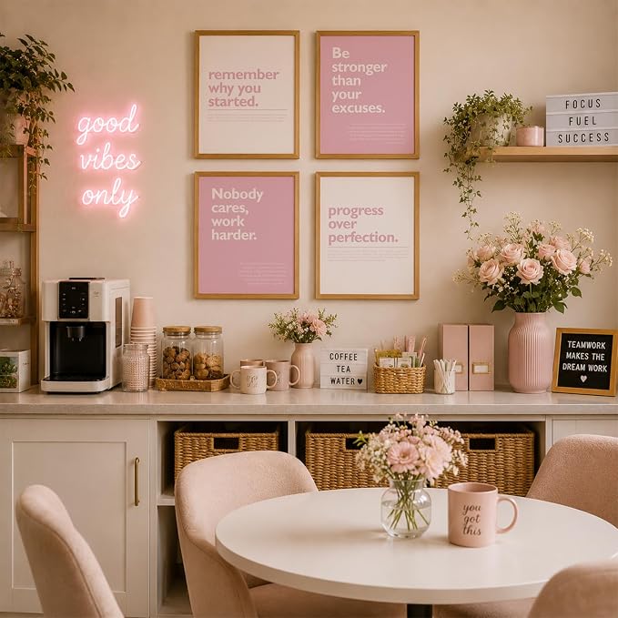 DSHFG Pink Motivational Inspirational Office Wall Art Decor Prints Set of 4 | Pink Motivational Wall Decor Trendy Retro Posters for Office Home Decor, Inspirational Posters Prints 8x10 Unframed