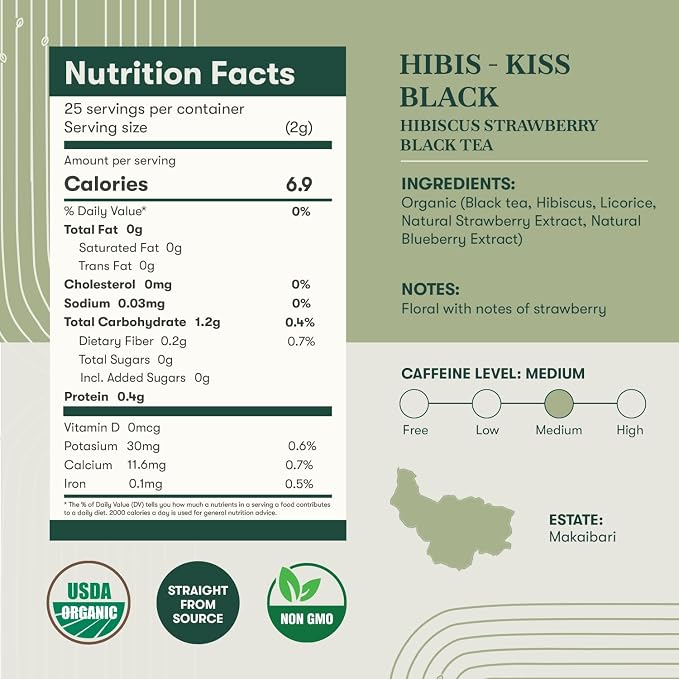 Luxmi Estates Hibis-Kiss Organic Hibiscus Tea (25 Tea Bags) Caffeinated Tea Bags For A Morning Boost and Natural Energy, With Certified Organic Black Tea