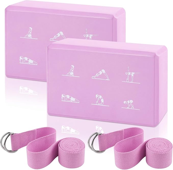 2 Yoga Block and 2 Yoga Strap Set,Non-slip EVA Foam Blocks, High Density Yoga Bricks with 6ft Strap, Supportive Latex-Free Yoga Block Accessories for Pilates