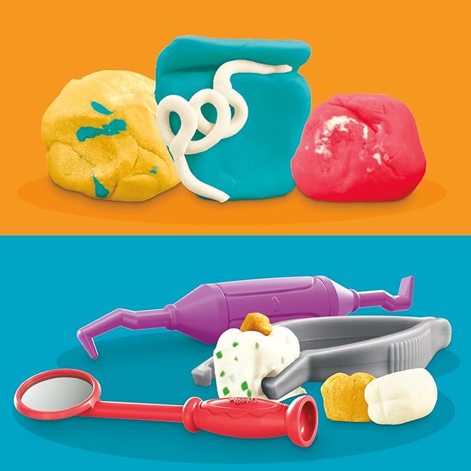 Play-Doh Drill 'n Fill Dentist Toy for Kids 3 Years and Up with Cavity and Metallic Colored Modeling Compound, 10 Tools, 6 Total Cans, 2 Ounces Each, Non-Toxic, Assorted Colors