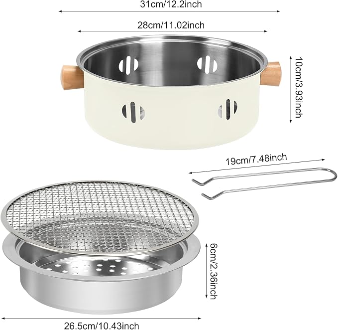Portable BBQ Charcoal Grill, Mini Tabletop Charcoal Grill Outdoor Multifunctional Round Korean Barbecue Grill for Camping Picnic Beach Party Cooking (Beige)