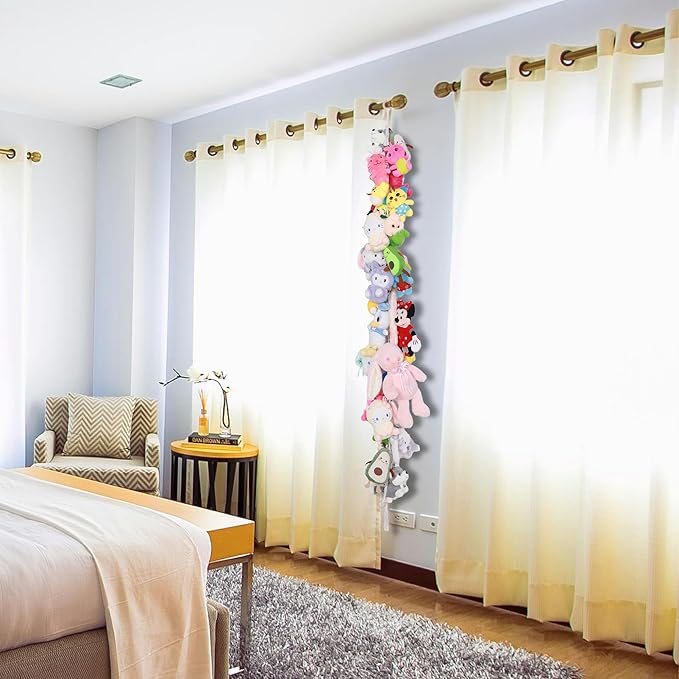 1 Pcs Cotton Stuffed Animal Storage Chain with 20pcs Metal Clips for Hanging Small Plush 80inch Wall Organizer Stuffed Animals Storage Holder for Hanging Nursery Play Room Wall Door (1Pcs White)
