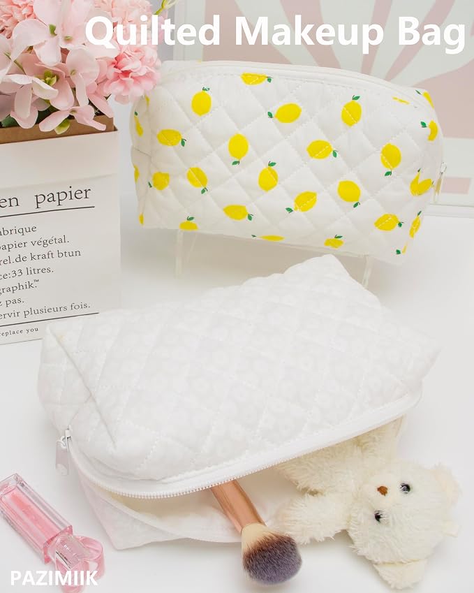 PAZIMIIK Small Quilted Makeup Bag,Zipper Cosmetic Pouch,White Floral | Lightweight Cosmetic Bag Organizer for Women,Purse Storage Holds Makeup,Toiletries,Skincare,Beauty Essentials,Travel Items