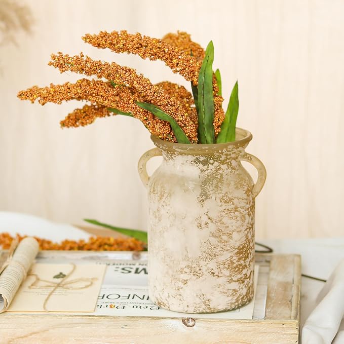 Glass Flower Vase with Handle- 8 Inches Rustic Imitation Ceramic Vase for Flowers, Vintage White Brown Centerpiece Decorations for Farmhouse, Modern Home, Table & Holiday Decorations