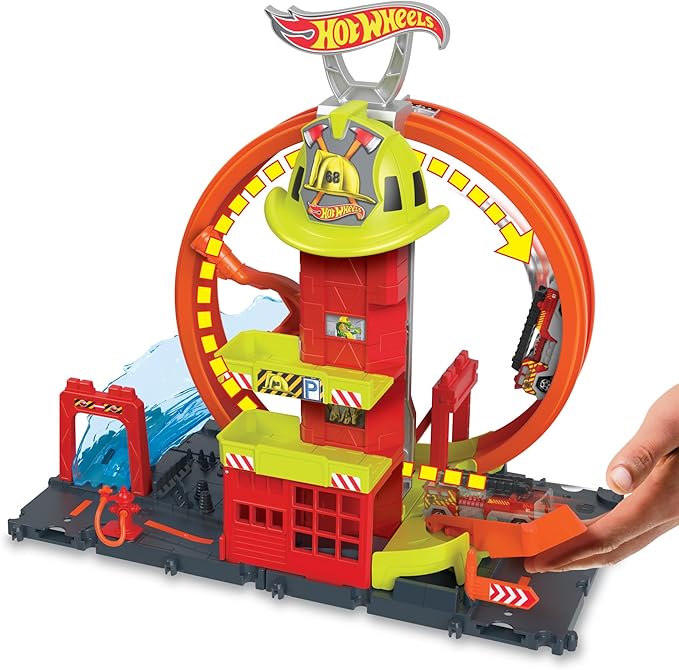 Hot Wheels City with 1 Toy Car, Kid-Powered Elevator, Water-Like Ramp, Track-Play Features, Connects to Other Sets, Fire Station with Super Loop (Amazon Exclusive)