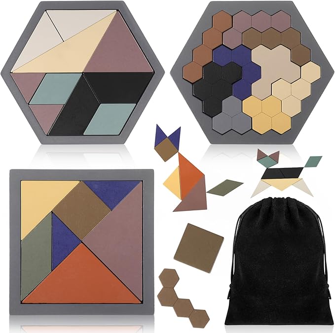 Yunsailing 3 Pack Hexagon Tangram Puzzle Wooden Brain Puzzles with Storage Bag Challenge Wood Russian Blocks Brain Teasers Geometric Jigsaw Block Logic Iq Stem for Family Party Gift
