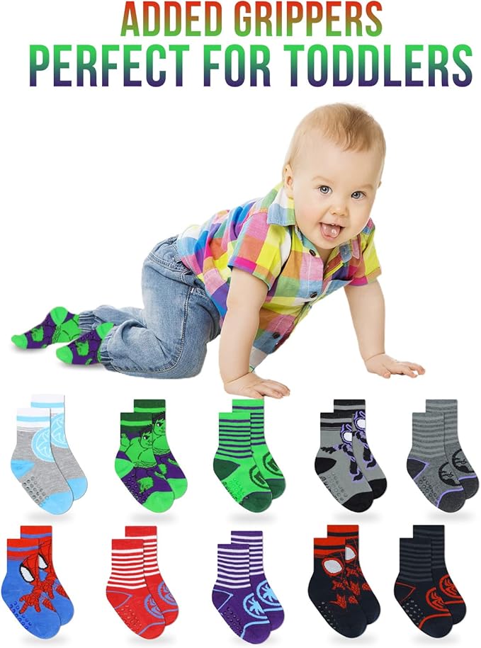 Marvel Spiderman Grip Socks, 10 Pack, Toddler Boys, Ankle Length, Multicolor, Small