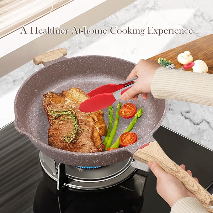 AIKENBBKK Ceramic Frying Pan with Lid, 14 Inch Saute Pan, Non Stick Frying Pans, 2-In-1 Large Cooking Pan, Nonstick Skillet, Compatible with All Stoves, PTFE & PFOA Free, Brown