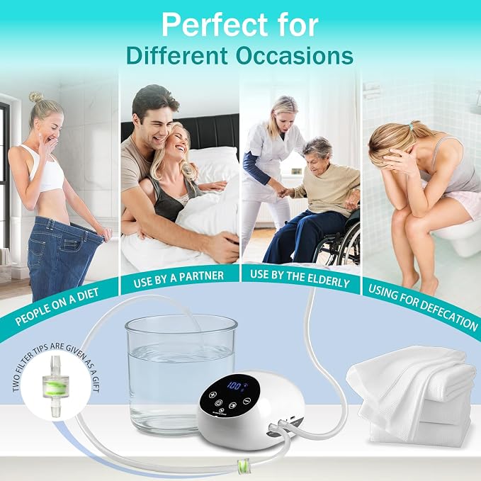 Electric Enema Kit for Colon Cleanse, Adjustable Water Pressure 1-100 Levels with LCD Display, Portable & Rechargeable, External Water Supply, Includes Multiple Nozzles, Design for Women and men'Use.