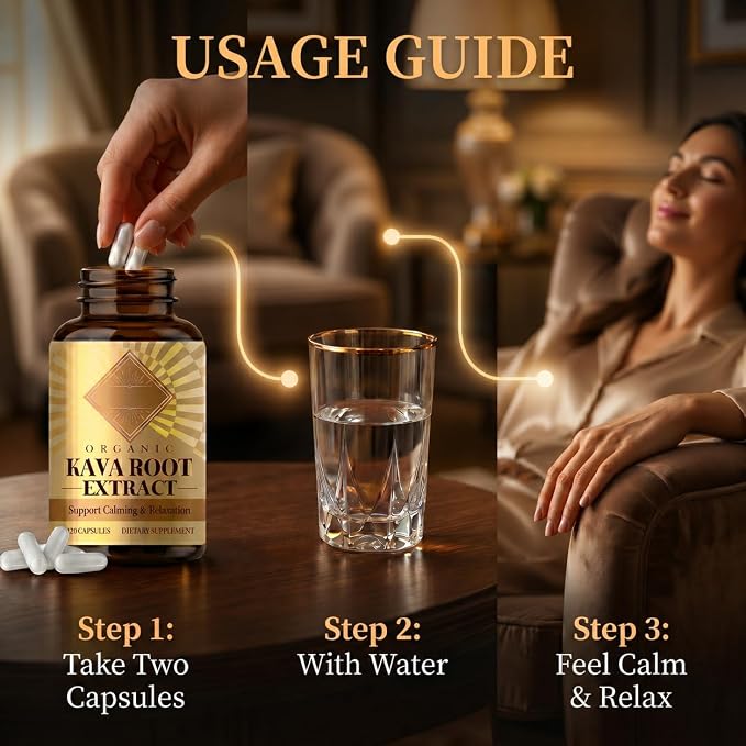 Organic Kava Root Extract - 120 Capsules, Standardized Kava Kava Herbal Supplement to Support Relaxation, Traditional Pacific Plant Powder Blend for Promoting Calming Comfort