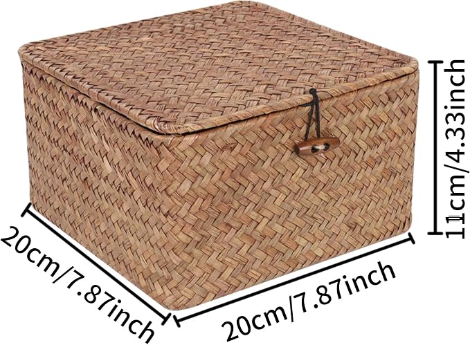 Moosky Wicker Shelf Baskets with Lid, Handwoven Seagrass Storage Basket Bins Square Gift Boxes for Shelves Home Decor Organizer (Coffee, Small)