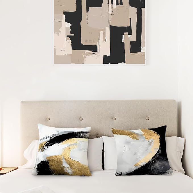 Abstract Black White and Gold Pillow Covers 24x24 Set of 2 - Modern Pillow Covers, Modern Home Decor, Black and Gold Decorative Pillows Cover for Couch Living Room Bedroom