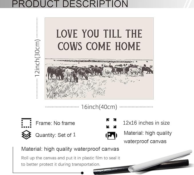Haitunone I Love You Till The Cows Come Home Wall Art Black And White Western Cowboy Poster Southwestern Country Animal Canvas Prints Farmhouse Living Room Wall Decor 12X16 inch Unframed