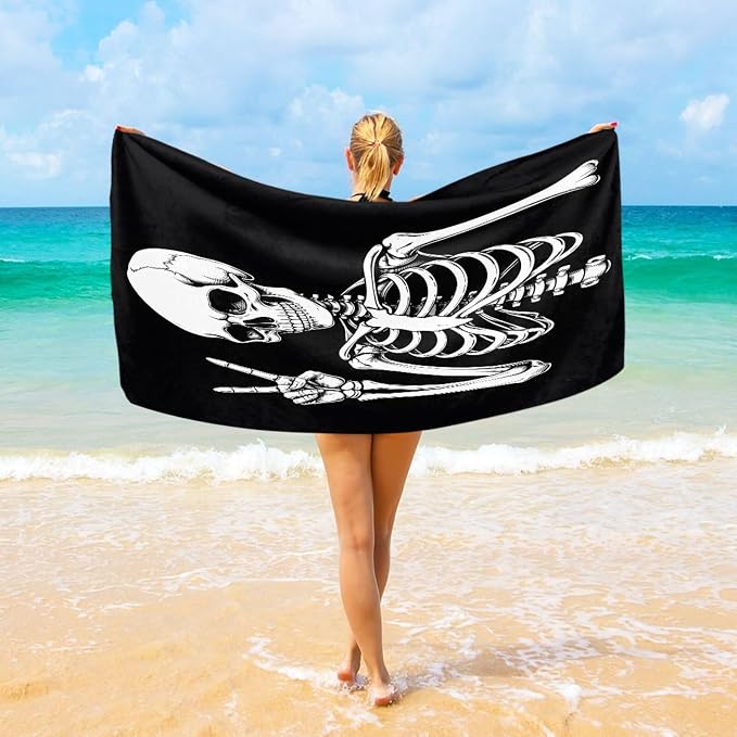 ALAZA Skeleton Yes Gesture Beach Towel, Absorbent Quick Dry Swimming Yoga Beach Towels, Large Sand Free Microfiber Beach Towel for Women, Men, Kids