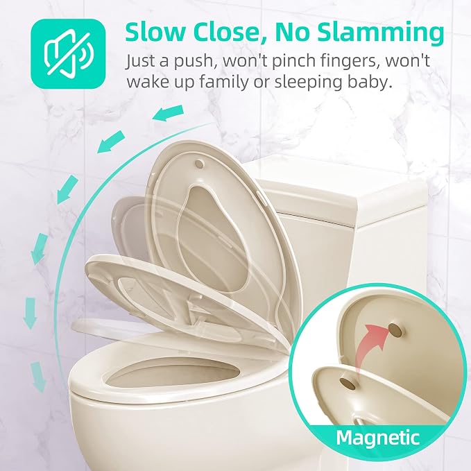 Elongated Toilet Seat with Built-in Potty Training Seat for Toddlers& Adults, Slow Close, Never Loosen, Heavy Duty, Ergonomic, Space Saving Toddler Toilet Seat, (Elongated 18.5", Oval, Bone/Almond)