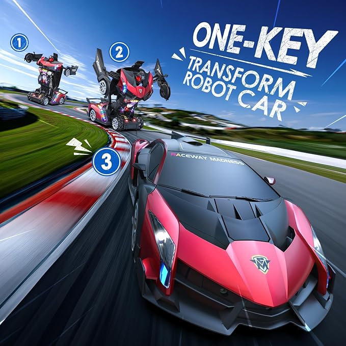 Holyton Transformer Remote Control Cars, Transform Robot RC Toys, 1:10 Scale, One-Button Robot, 2 Batteries 80 Mins Playtime, LED Lights, Sound Effects, ideal gift for 5 6 7 8 9 10 11 12 Years Old Boy