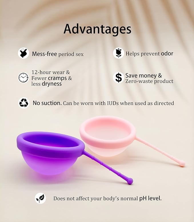 Reusable Menstrual Disc, Ultra-Soft Medical-Grade Silicone Period Disc for Women Wear 12 Hours 2 Size for Light & Heavy Flow Removal String (Purple+Pink, L+S)