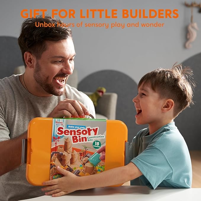 JOVA Klever Kits Construction Sensory Bin for Toddlers with Glow in The Dark Stones, Sandbox with Lid Castle Building kit, Preschool Learning Activities Gifts for Boys Girls Age 3+