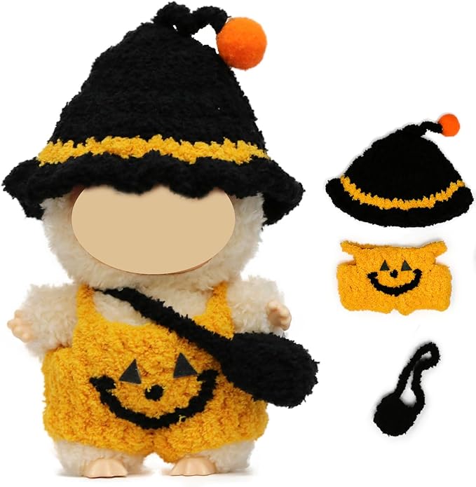 17cm Doll Clothes, Halloween Witch Hat and Pumpkin Costume Set Handcrafted Crochet Halloween Clothes for 6.7"(No Doll Included)