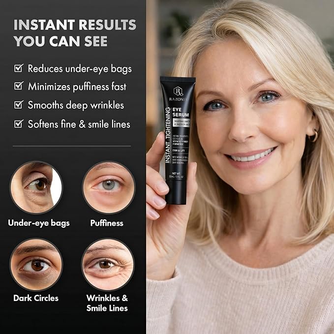 RAZONIX Instant Eye Tightening and Lifting Serum, with Hyaluronic Acid and Caffeine, for Under Eye Bags, Puffiness, Dark Circles, and Wrinkles, Serum Form, 0.5 fl oz (Medium, Unscented)