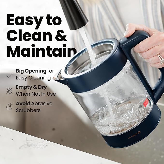 Viante Alba Electric Tea Kettle with Infuser, No Plastic In Contact With Water, 1.5L Borosilicate Glass, 304 Stainless Steel, 4 Temp Presets, Keep Warm, Cordless, Auto Shut-Off, Midnight Blue